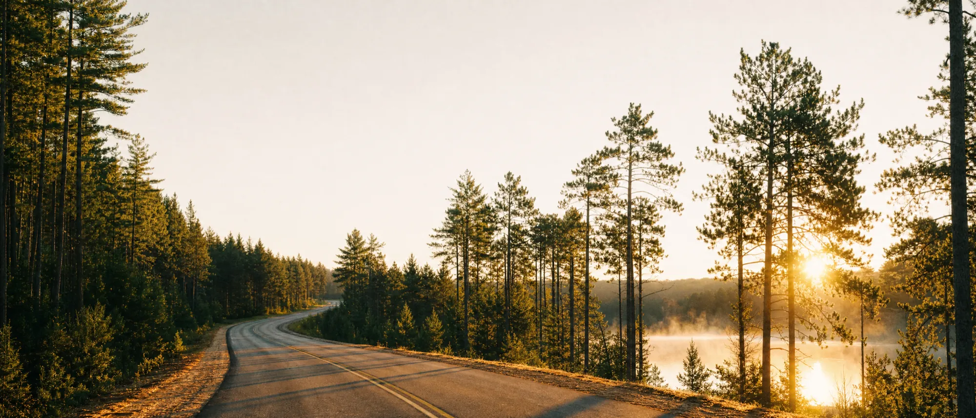 A two lane highway curving through Minnesota red pines toward a lake at sunrise