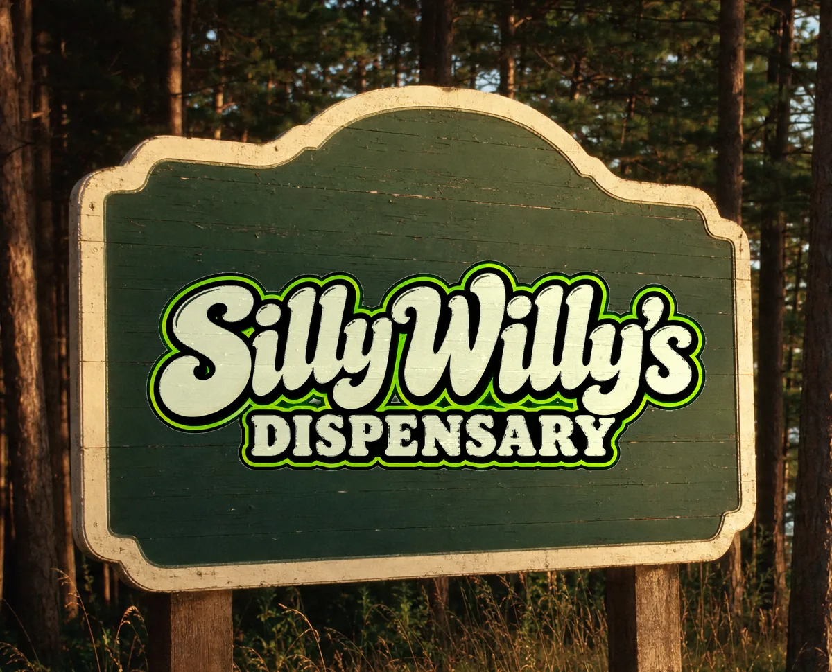 A hand-painted Silly Willy&rsquo;s Dispensary roadside sign standing in a Minnesota pine forest at golden hour